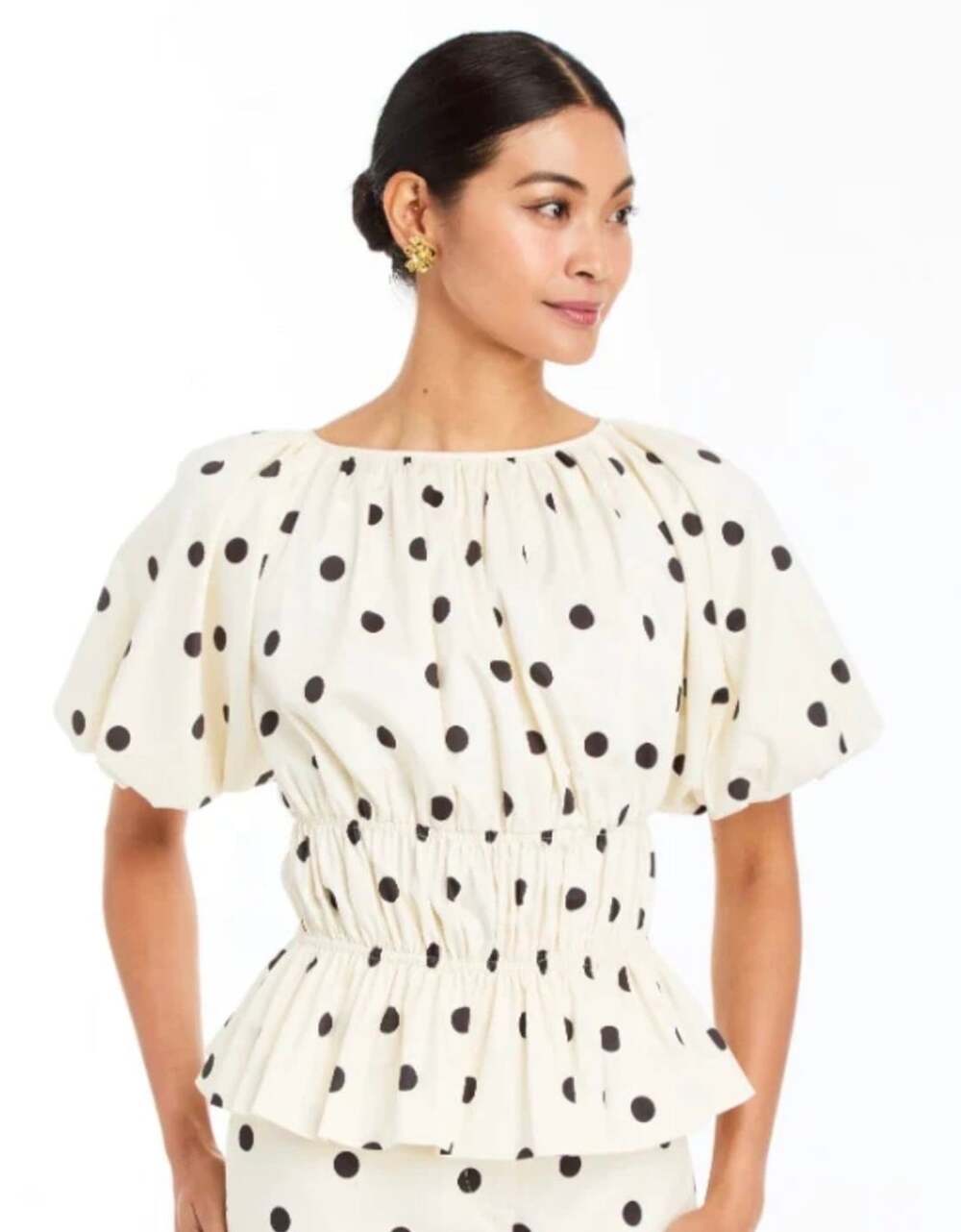 Joie Breakfast Smocked Polka Dot Puff Sleeve Peplum Top